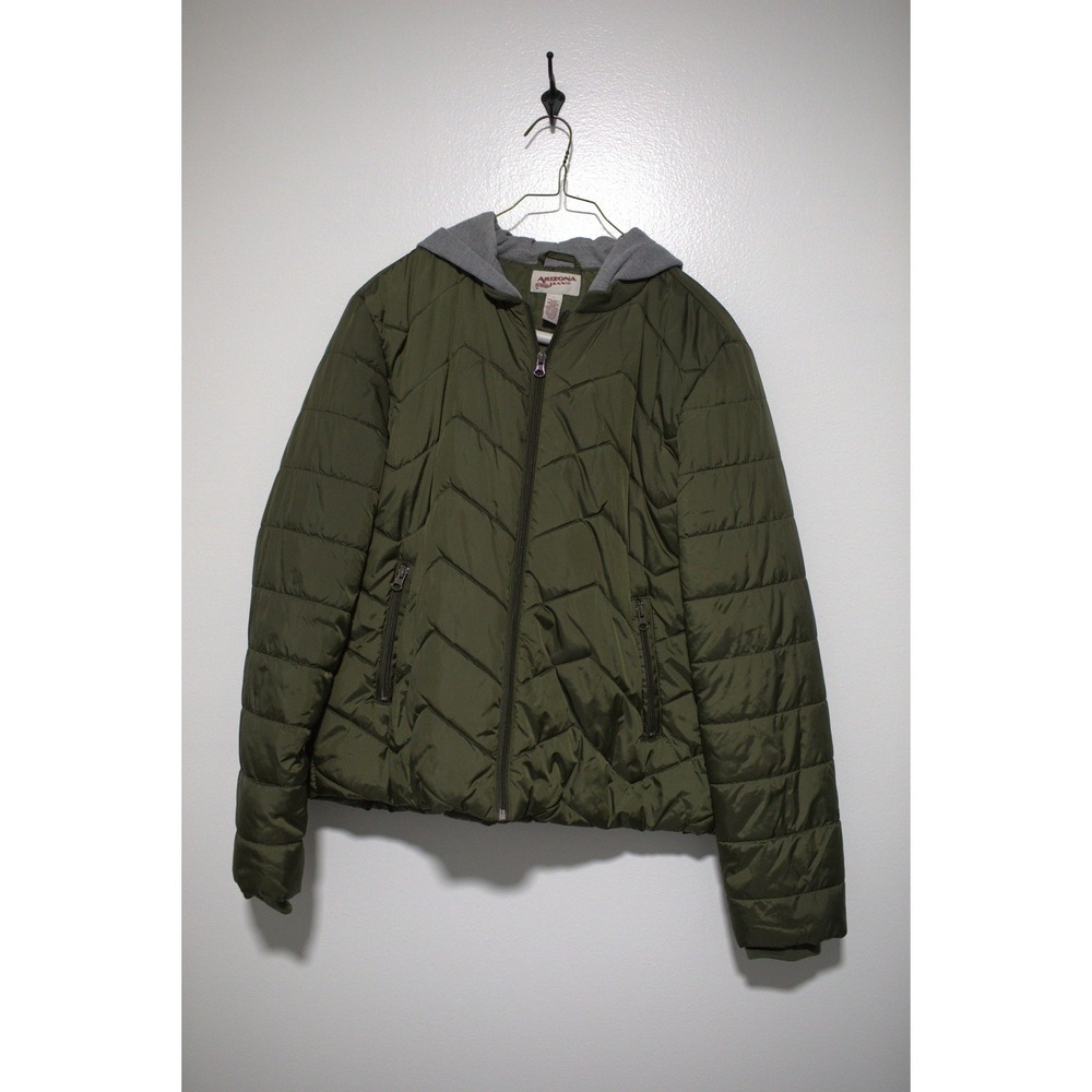 Arizona Jean Co Womens Olive Green Quilted Puffer Jacket Grey Hood Large
